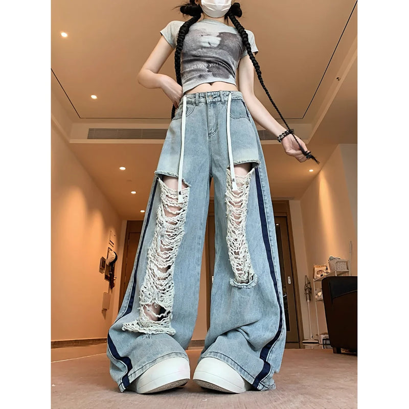American ripped jeans with loose design, retro spicy girl blue lazy straight leg pants