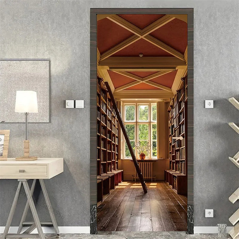 Wooden Door Mural Decal Sticker Peel and Stick Removable Self-Adhesive Brown Wood Grain Red Brick Door Wallpaper for Home Decor