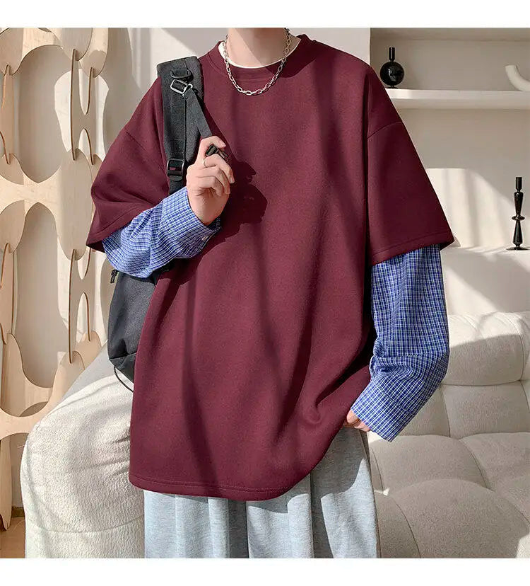 Fashion Oversized Solid Color Fake Two-Piece Hoodie with Checkered Sleeves Trendy Plus Size Pullover for Men and Women Autumn