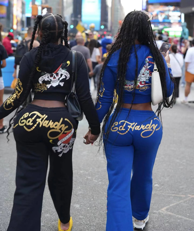 Y2k Zipper Tracksuit Women Black Print Hoodie Sweatpant Winter Blue Bodycon 2 Two Piece Outfits Pants Matching Sets Sweatshirt