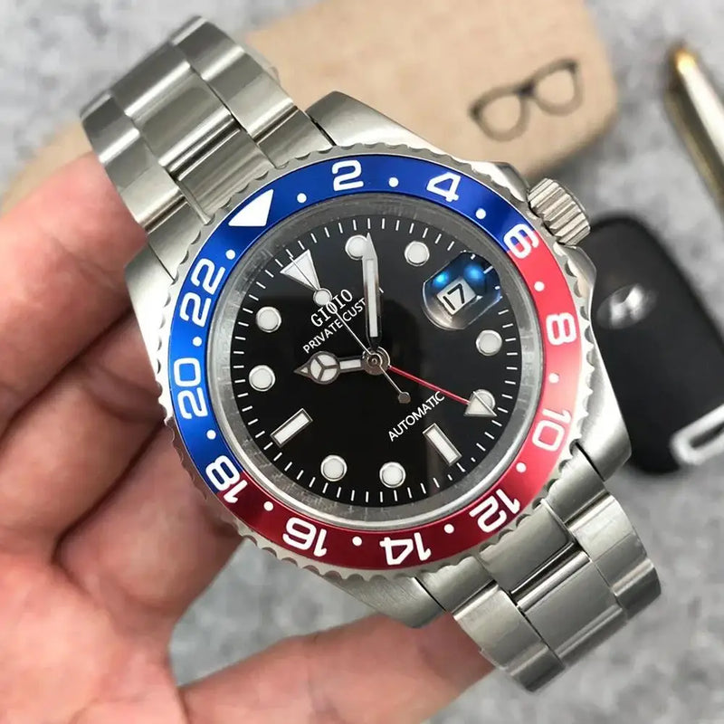 Luxury Automatic Mechanical Mens Watch Stainless Steel GMT Black Blue Ceramic Bezel Watches