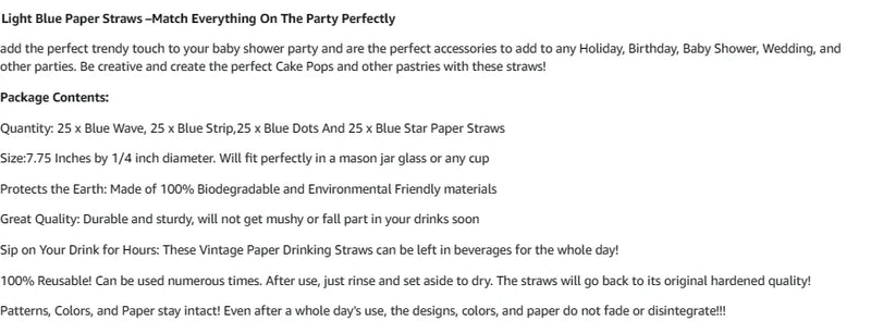 Biodegradable Light Blue White Paper Straws, Pack of 100 Party Straws for Juice, Cocktail, Smoothies, Birthday, Wedding