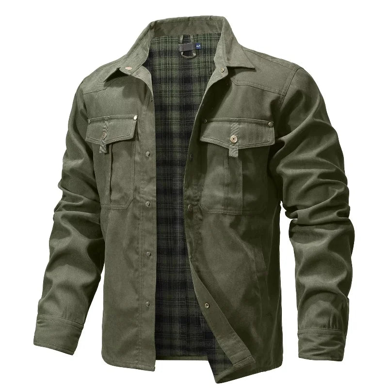 Men’s Flannel-Lined Shirt Jacket – Casual Snap Button Overshirt for Spring & Autumn