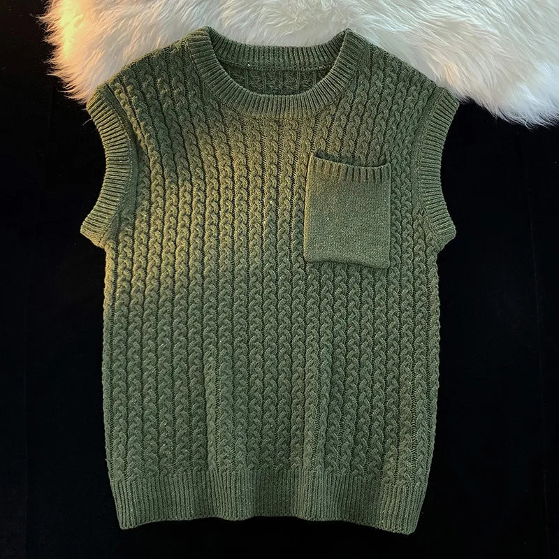 Tatiana Haven Unisex Knit Sweater Vest – Casual Streetwear with Pockets, Harajuku Preppy Style for Autumn & Winter