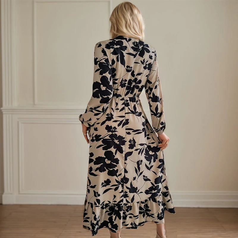 Casual Flower Waist Dress For Women Elegant V Neck Floral Print Long Sleeves High Tight Waist A-line Flowy Ruffle Hem Midi Dress