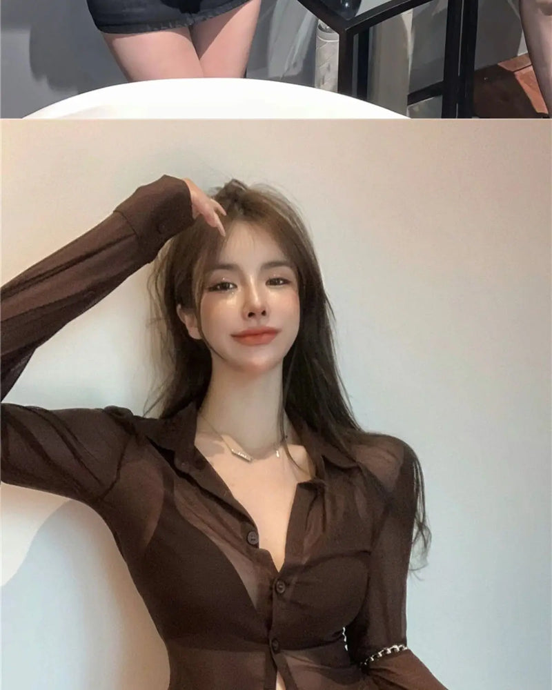 Mesh Sheer Shirts Women Long Sleeve Sunscreen Crop Tops Sexy Summer Thin Breathable Skinny Fashion Ins Streetwear Ladies Chic