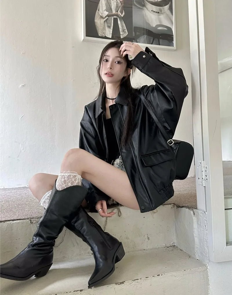 American Retro Solid Pu Jackets Women Autumn Sweet Cool Tops PU Baggy Cozy Turn-down Collar Zipper Fashion Stylish Temperament