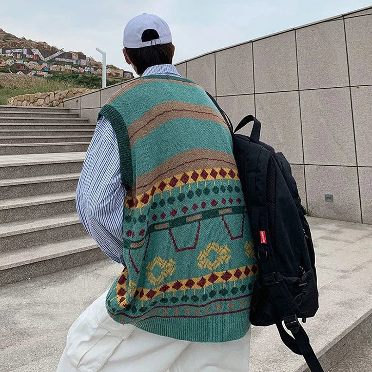 Tatiana Haven Men’s Printed Knit Sweater Vest – V-Neck Casual Korean-Style Fashion Waistcoat for Autumn & Winter