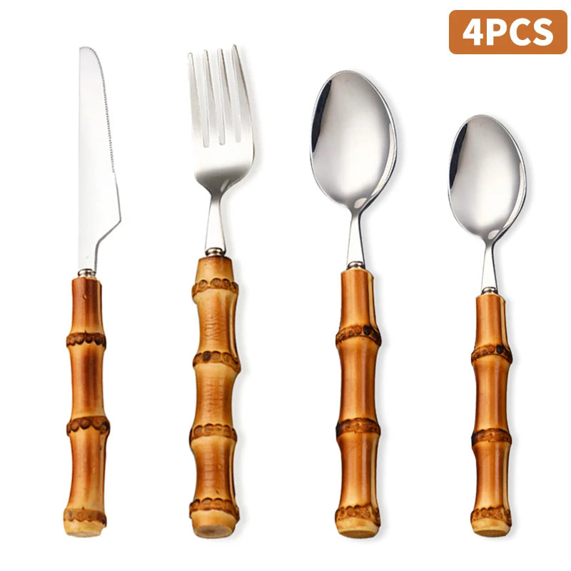 Natural Bamboo Handle Cutlery Set,Stainless Steel Dinnerware,Kitchen Silverware Flatware,Includes Forks Spoons Knives Tableware