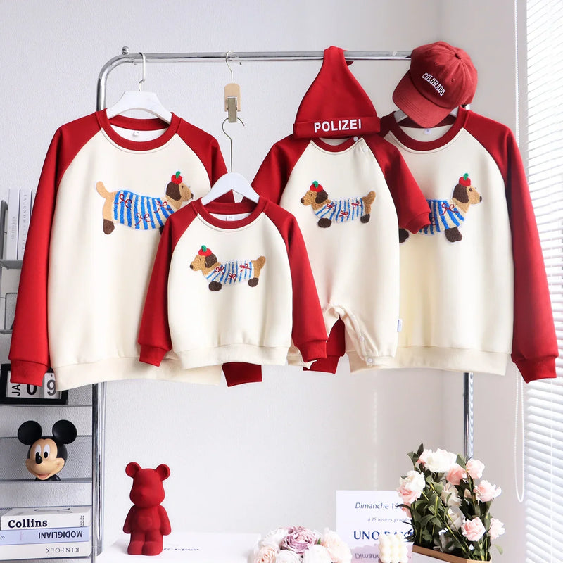 Funny Red Sweatshirts for The Whole Family Matching Clothes Father Mother and Son Daughter Cute Dog Print Tops Newborn Bodysuit