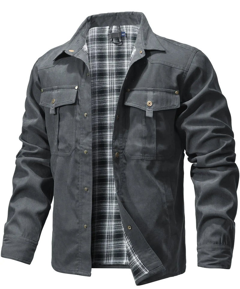 Men’s Flannel-Lined Shirt Jacket – Casual Snap Button Overshirt for Spring & Autumn