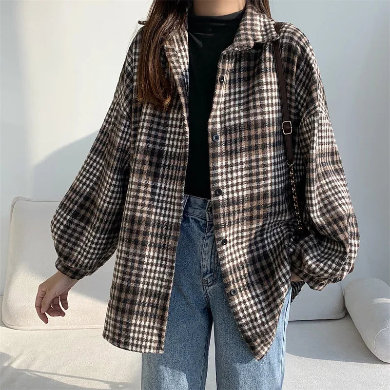 Women’s Oversized Flannel Plaid Shirt – Long Sleeve Button-Down Check Shacket for Autumn & Winter