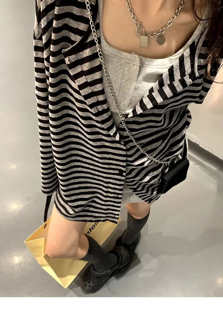 Sweatshirts Women Striped Chic Loose All-match Design Summer Simple Daily Retro Students Tender Sun-proof Classic Korean Style