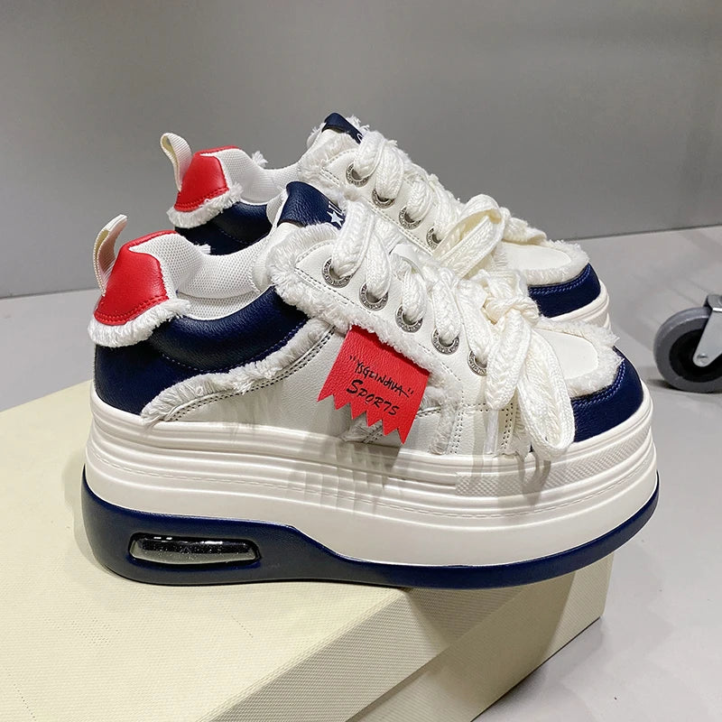 Fashion Chunky Sneakers Women Autumn Lace Up Platform Sports Shoes 8CM Thick Bottom High Heels Female Leather Sneakers Woman