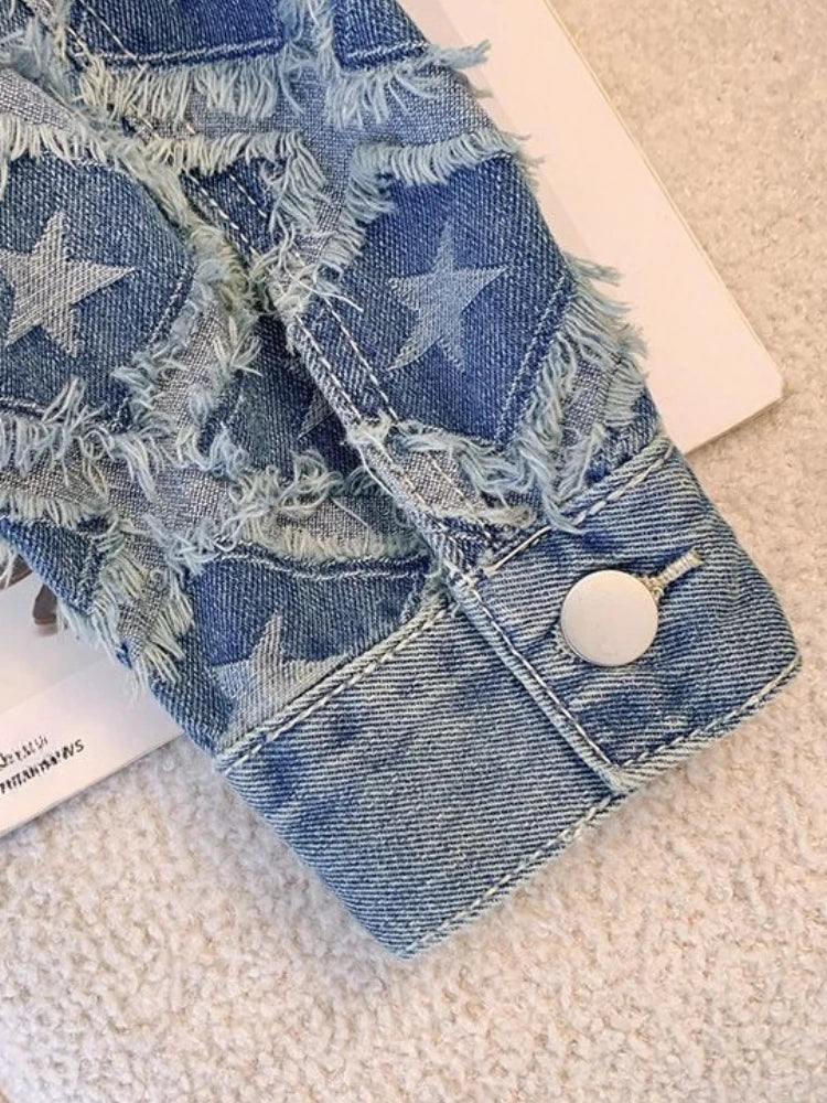 Denim Jacket Women Autumn New InTassel Short Jacket Top Fashion Loose Outerwear Single Breasted Long Sleeved Casual Jeans Coat