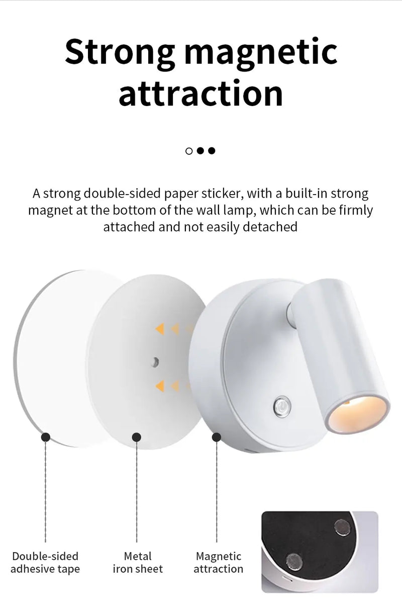 LED Light Magnetic Rechargeable Wall light Spotlight Wireless No Punch Reading Light With Touch Switch Dimmable Bedside Lamp