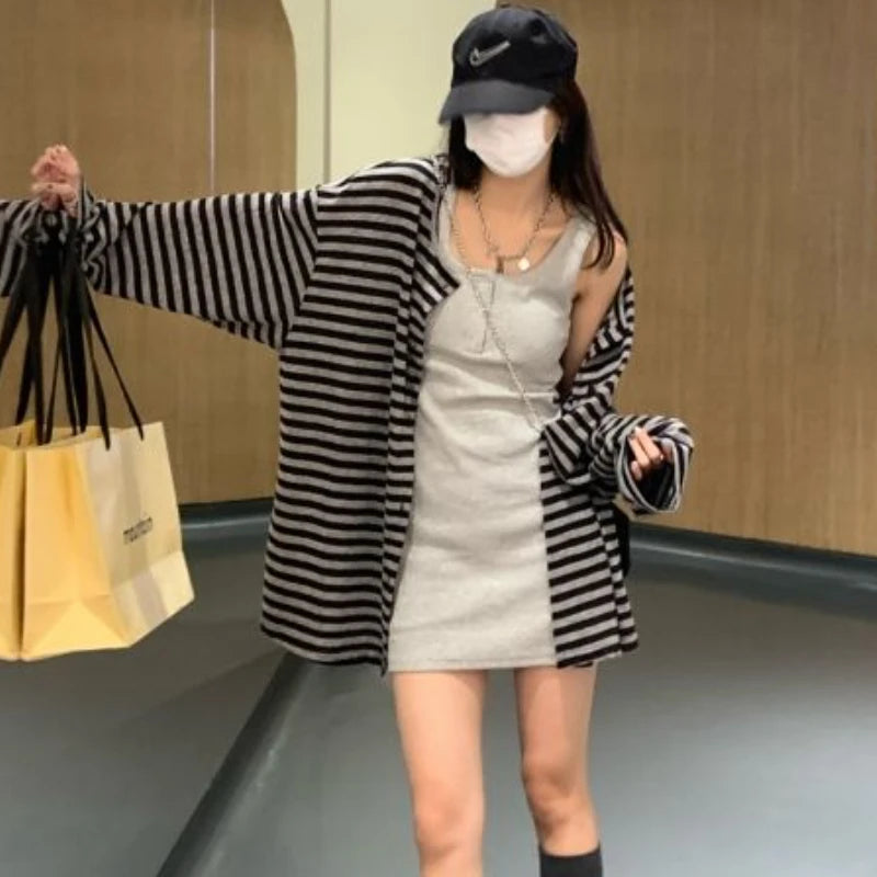 Sweatshirts Women Striped Chic Loose All-match Design Summer Simple Daily Retro Students Tender Sun-proof Classic Korean Style