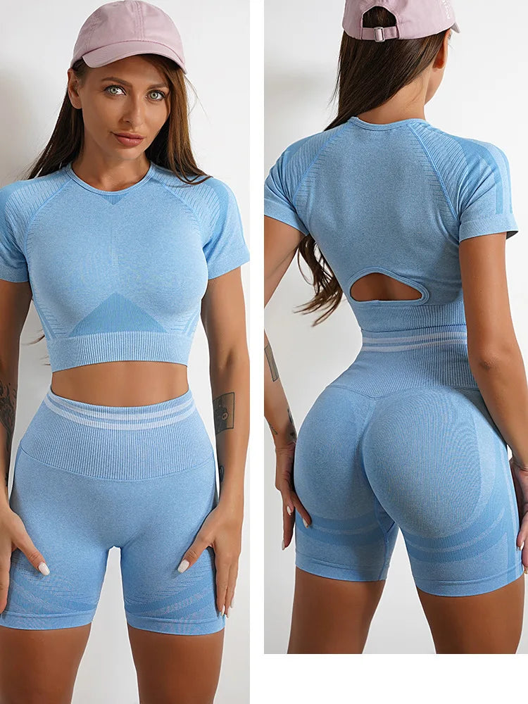 Seamless Yoga Sets Sports Fitness Peach Hip-lifting Shorts Beauty Back Short-Sleeved Suits Workout Gym Leggings Set for Women