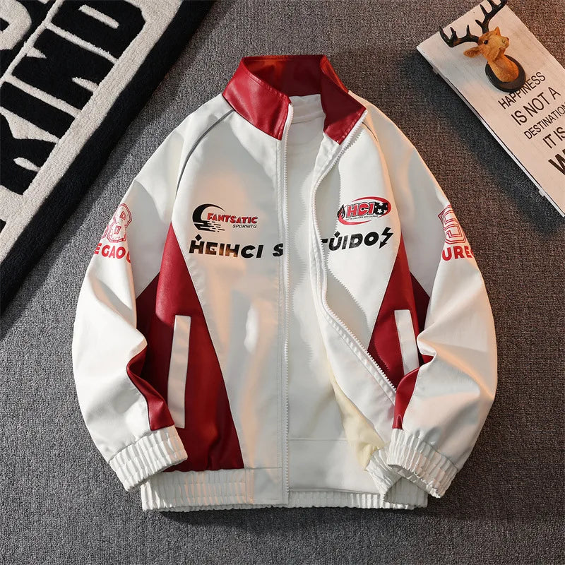 Mens Leather Moto Jacket  Stand Collar Edgy Racing Style Utility Work Coat  Unisex Hong Kong Trend Ins Fashion for Spring Autumn