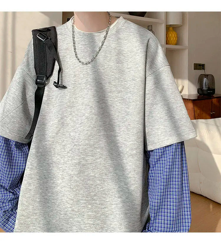Fashion Oversized Solid Color Fake Two-Piece Hoodie with Checkered Sleeves Trendy Plus Size Pullover for Men and Women Autumn