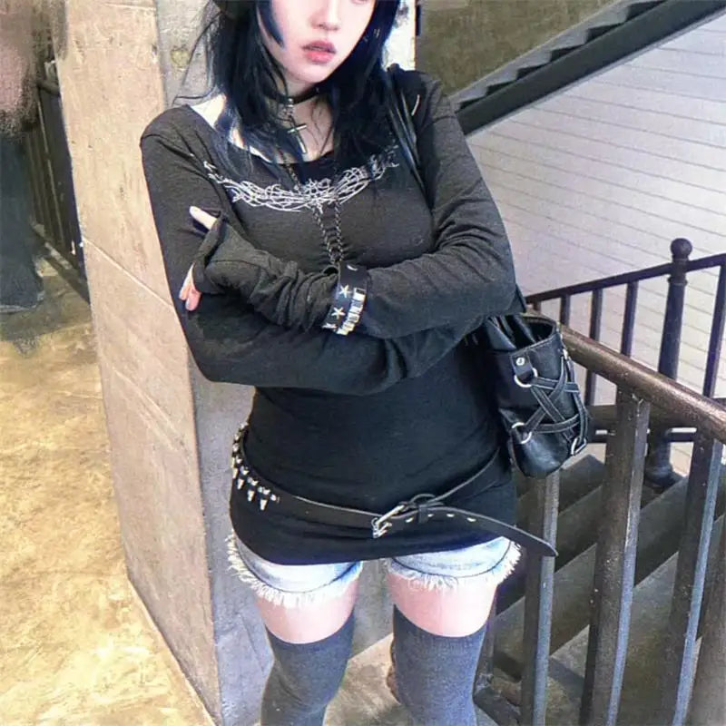 Y2k Gothic Print T-shirt Trashy 2000s Style Long Sleeve Tops Vintage Harajuku Streetwear American Retro T-shirts
