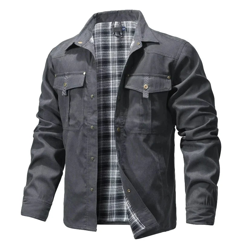 Men’s Flannel-Lined Shirt Jacket – Casual Snap Button Overshirt for Spring & Autumn