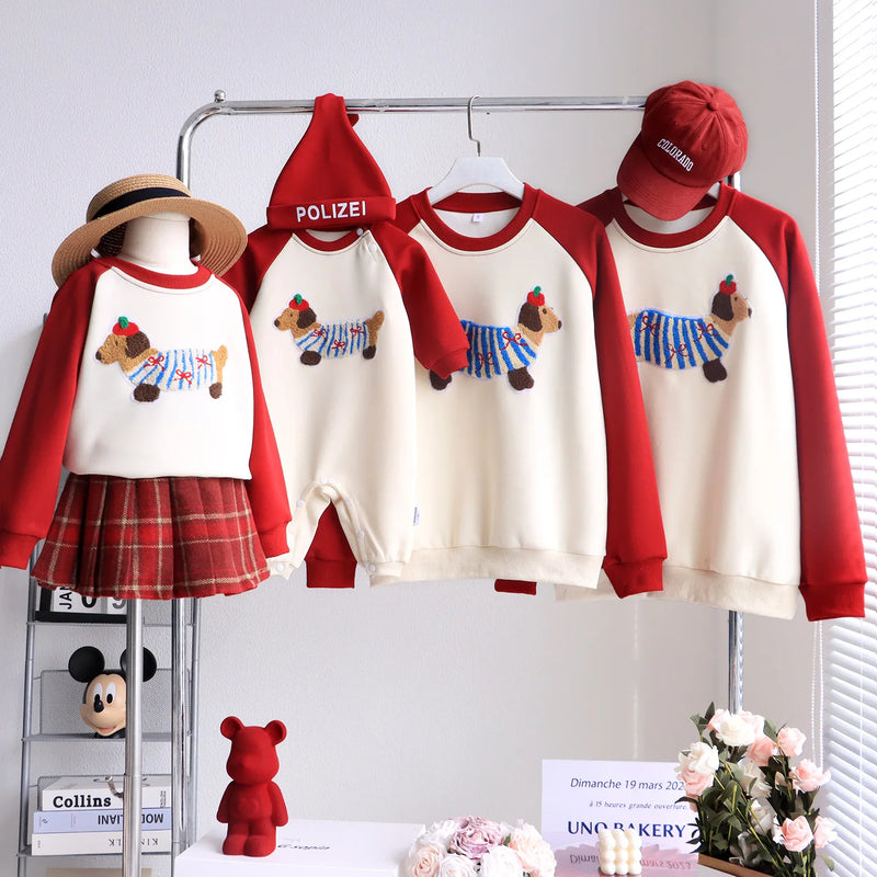 Funny Red Sweatshirts for The Whole Family Matching Clothes Father Mother and Son Daughter Cute Dog Print Tops Newborn Bodysuit