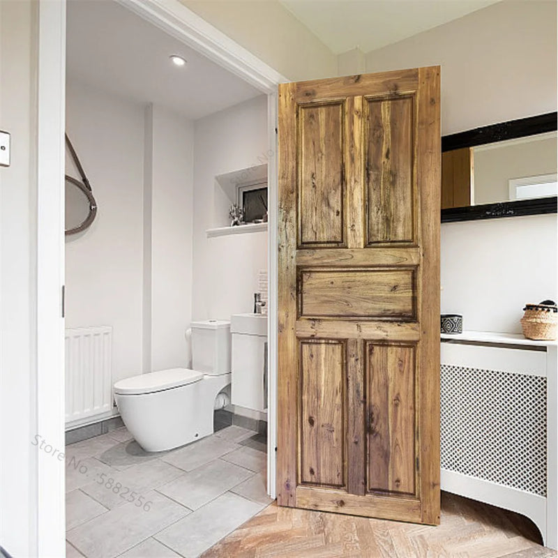 Wooden Door Mural Decal Sticker Peel and Stick Removable Self-Adhesive Brown Wood Grain Red Brick Door Wallpaper for Home Decor