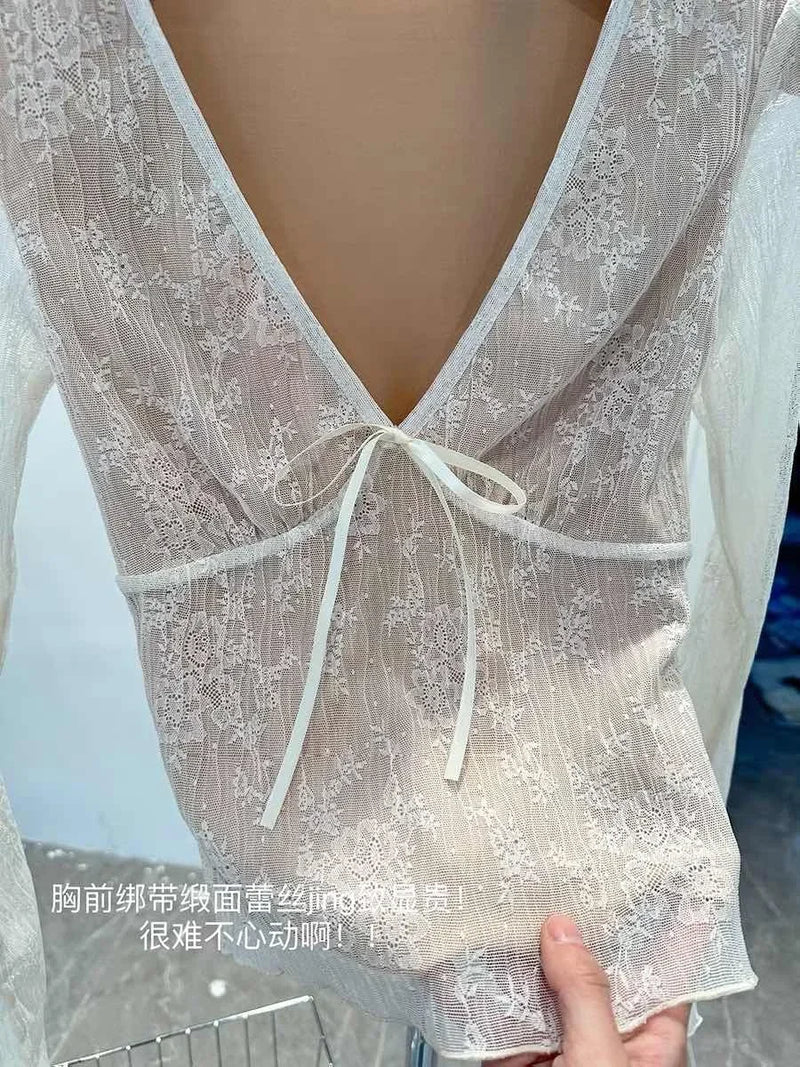 Coquette Aesthetic Mesh T Shirts Women Vintage V Neck Lace Bow Cropped Tops Y2k Sexy Slim Fit Long Sleeve Tee Shirts