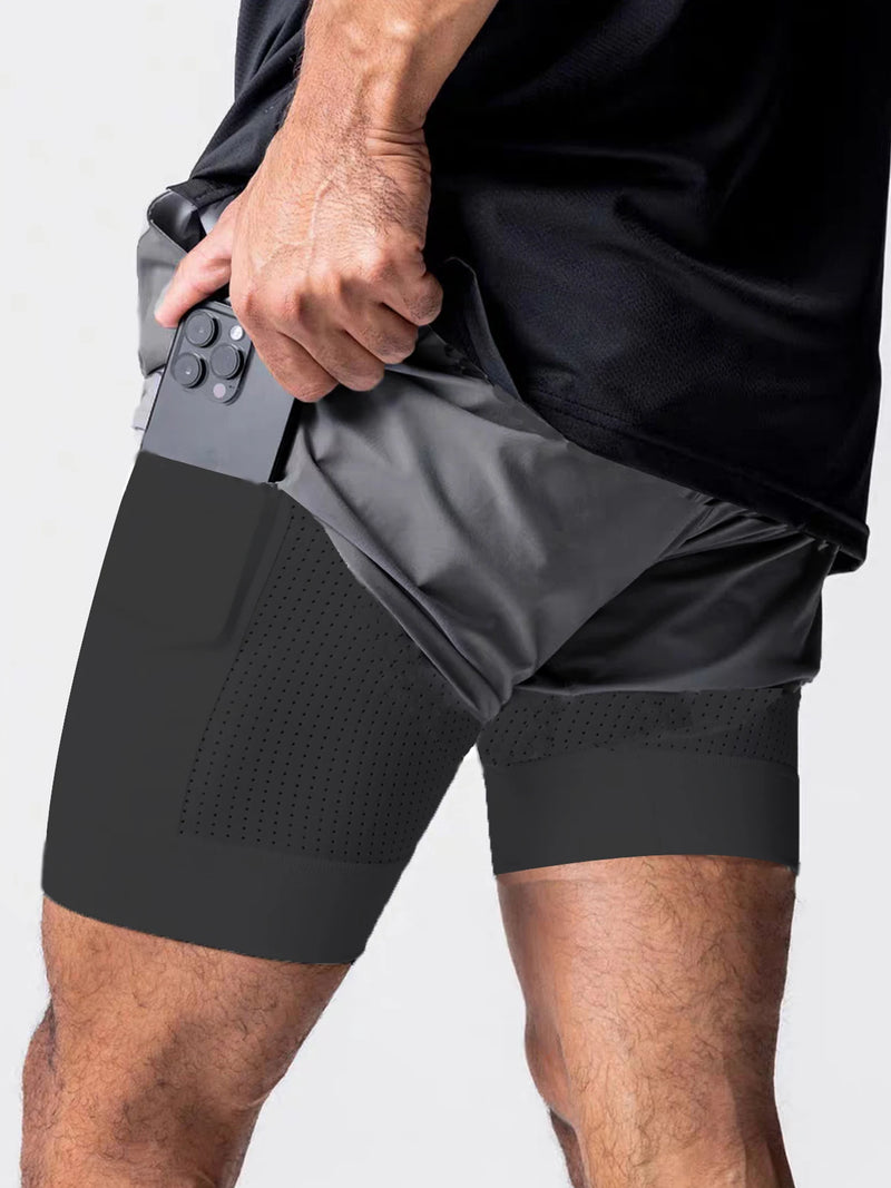 Sports shorts for men, double layered, quarter quick drying, elastic basketball, running training equipment, deep squat fitness,