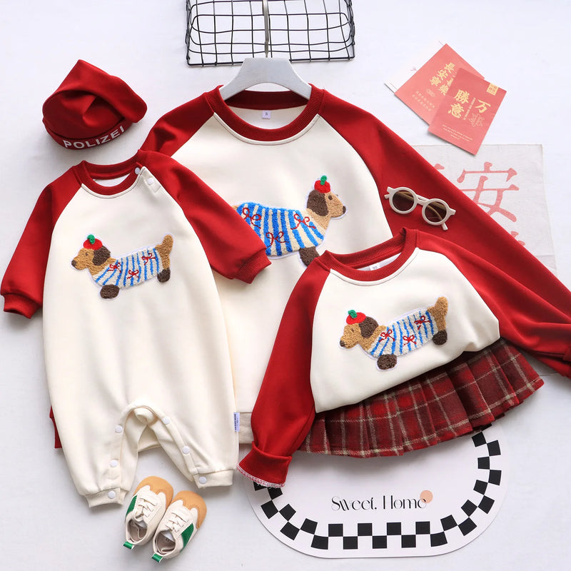 Funny Red Sweatshirts for The Whole Family Matching Clothes Father Mother and Son Daughter Cute Dog Print Tops Newborn Bodysuit