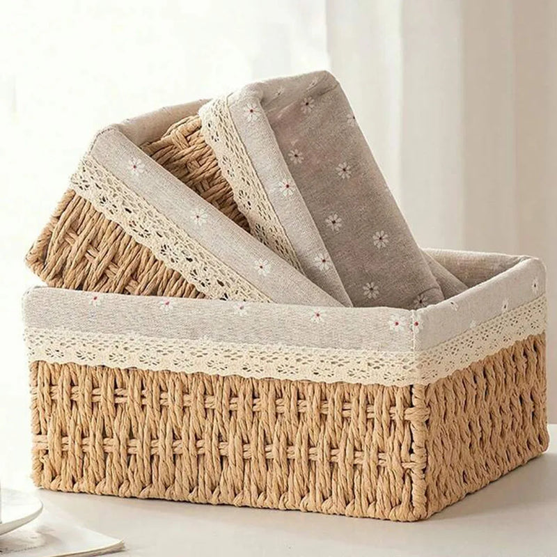 Wicker Storage Basket 3-Pack Woven Wicker Baskets Large Wicker Basket Cube Storage Bins with Liners Storage Baskets