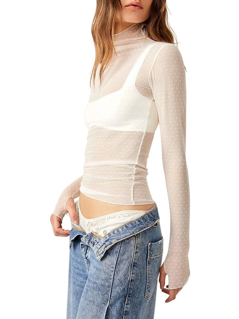 Women Sheer Mesh T-Shirts Mock Neck Long Sleeve Crop Tops Retro See Through Shirt Fairycore Grunge Tees
