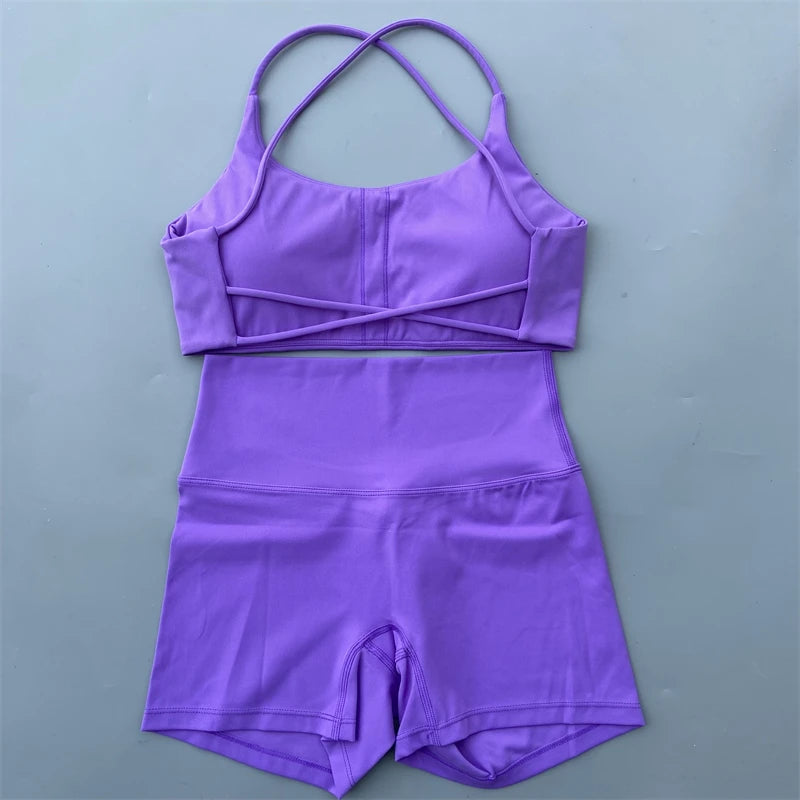 Yoga Shorts Set Gym Two Piece Sports Set Women Workout Outfit Fitness Suit Cross Straps Bra High Waist Shorts Running Tracksuit