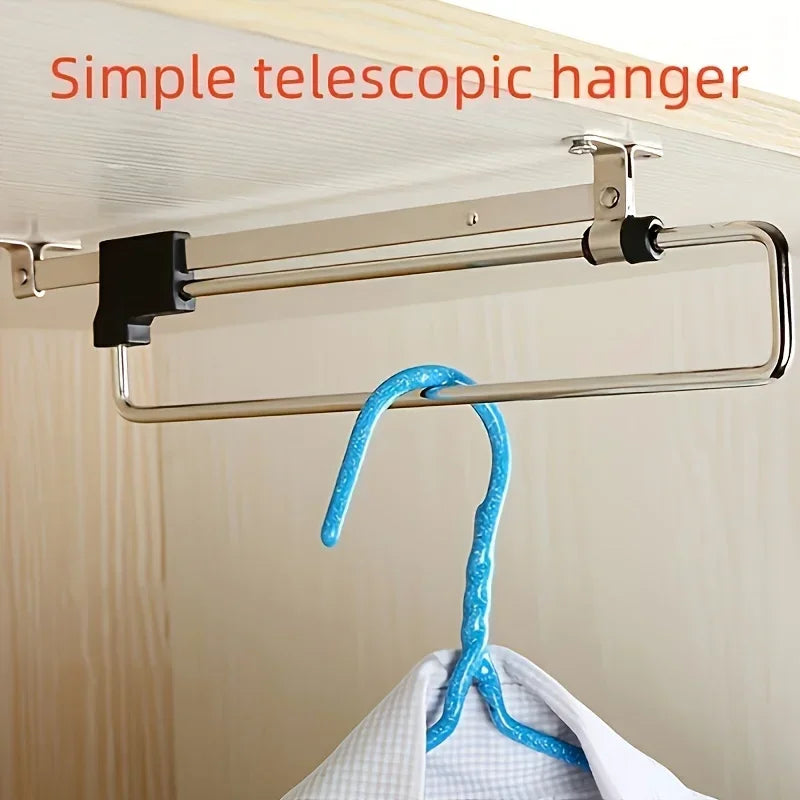 1pc Pull-Out Clothes Storage Rod Adjustable Foldable Metal Hanging Rail for Wardrobes Space-Saving Organizer Drying Racks