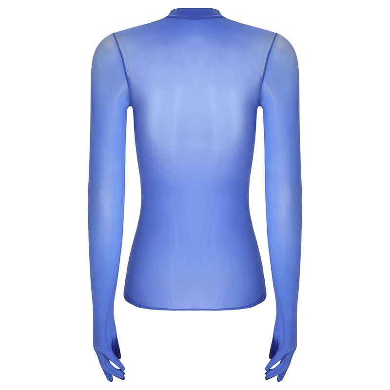 Adult Women Sheer Mesh Ultra Thin Crop Top Long Sleeve Mock Neck Translucent Gloved Tops for Base Shirt Lingerie Role Play Tops