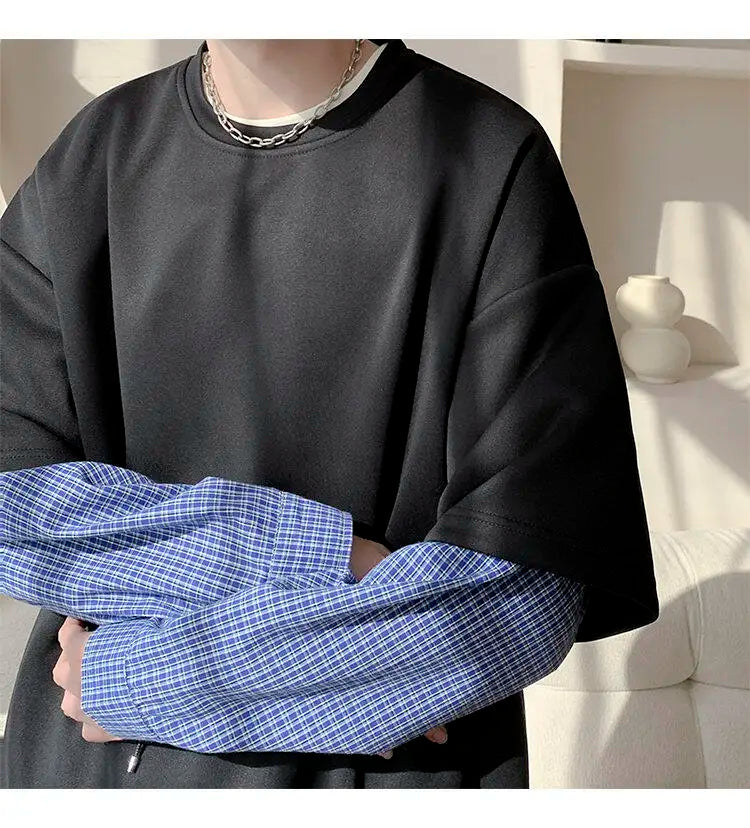 Fashion Oversized Solid Color Fake Two-Piece Hoodie with Checkered Sleeves Trendy Plus Size Pullover for Men and Women Autumn