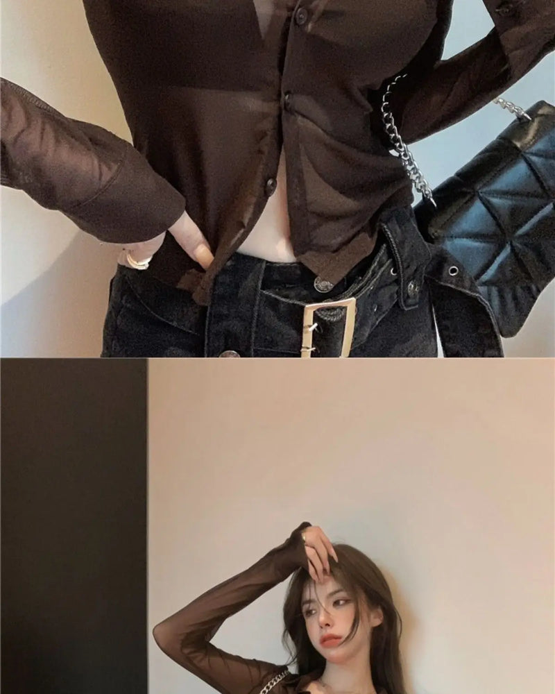 Mesh Sheer Shirts Women Long Sleeve Sunscreen Crop Tops Sexy Summer Thin Breathable Skinny Fashion Ins Streetwear Ladies Chic