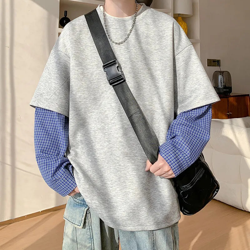 Fashion Oversized Solid Color Fake Two-Piece Hoodie with Checkered Sleeves Trendy Plus Size Pullover for Men and Women Autumn
