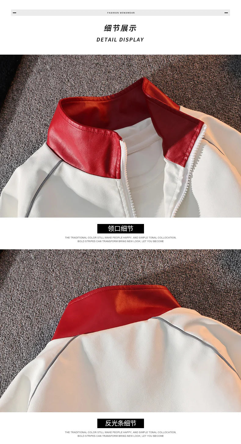 Mens Leather Moto Jacket  Stand Collar Edgy Racing Style Utility Work Coat  Unisex Hong Kong Trend Ins Fashion for Spring Autumn