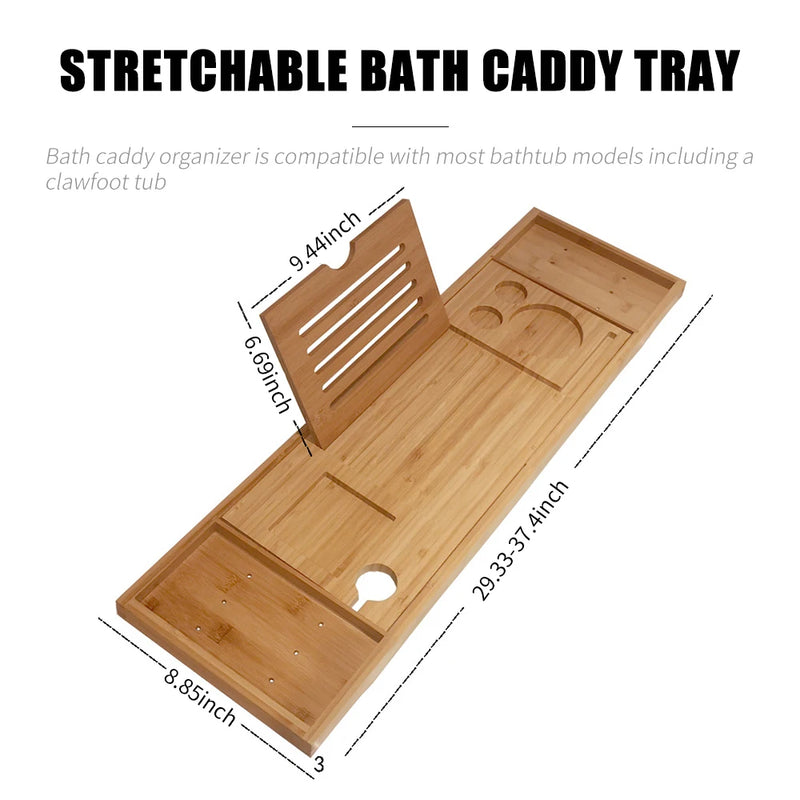 Bathtub Caddy Tray Bamboo Spa Bathtub Caddy Organizer Book Wine Tablet Holder Reading Rack Nonslip Bottom Extendable Sides