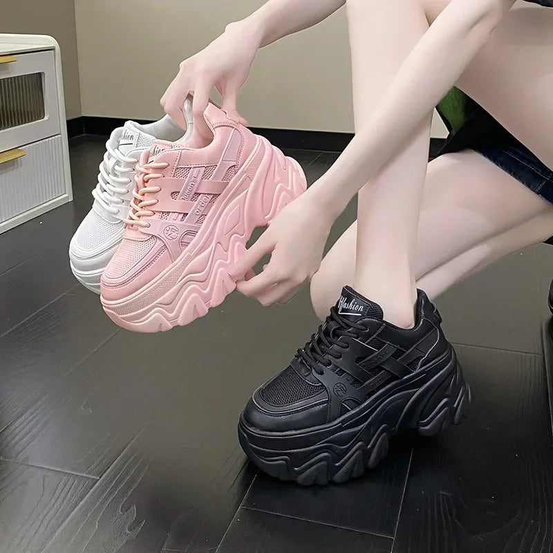 White Chunky Sneakers Women New 2025 Autumn Hidden Heel Platform Sports Dad Shoes Woman Lace Up Breathable Mesh Casual Shoes 8CM