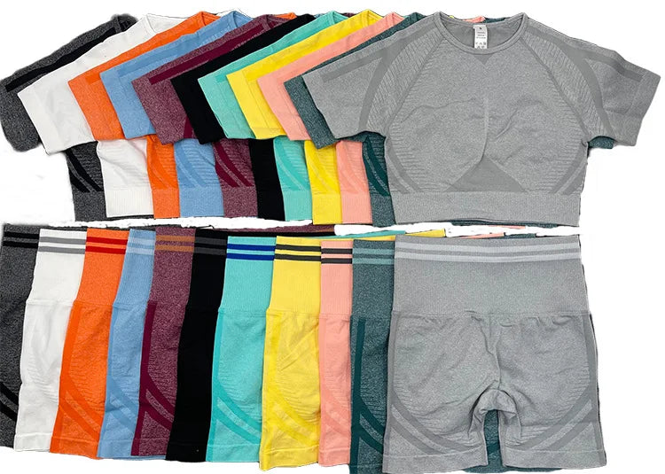 Seamless Yoga Sets Sports Fitness Peach Hip-lifting Shorts Beauty Back Short-Sleeved Suits Workout Gym Leggings Set for Women