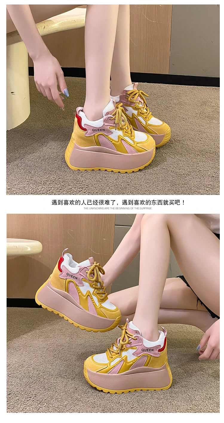 Women Chunky Sneakers 2025 Autumn Breathable Mesh Casual Shoes 11CM Wedge Heels Platform Shoes Chaussures Femme Sports Dad Shoes