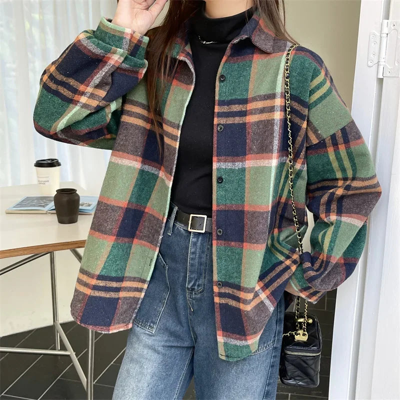 Women’s Oversized Flannel Plaid Shirt – Long Sleeve Button-Down Check Shacket for Autumn & Winter