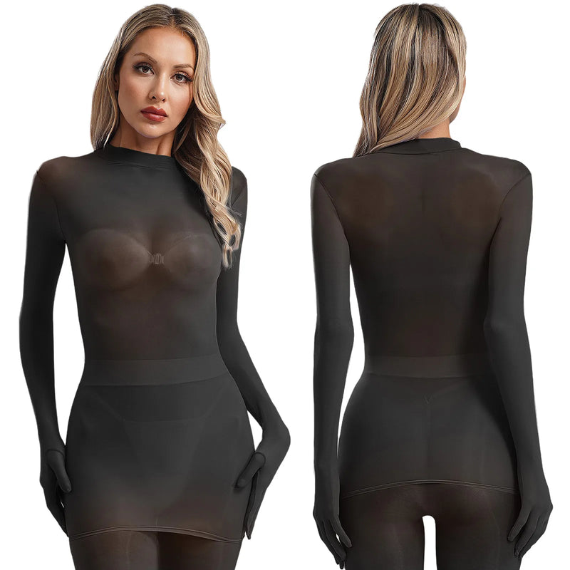 Adult Women Sheer Mesh Ultra Thin Crop Top Long Sleeve Mock Neck Translucent Gloved Tops for Base Shirt Lingerie Role Play Tops