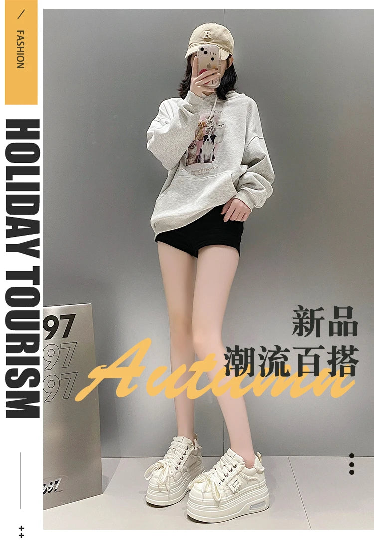 Fashion Chunky Sneakers Women Autumn Lace Up Platform Sports Shoes 8CM Thick Bottom High Heels Female Leather Sneakers Woman