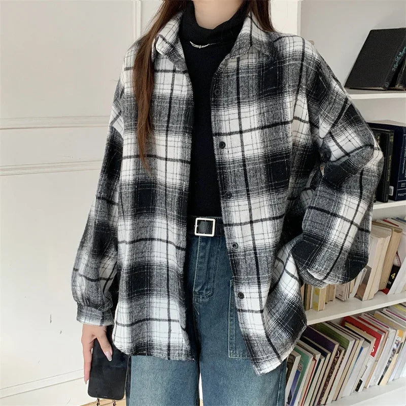 Women’s Oversized Flannel Plaid Shirt – Long Sleeve Button-Down Check Shacket for Autumn & Winter