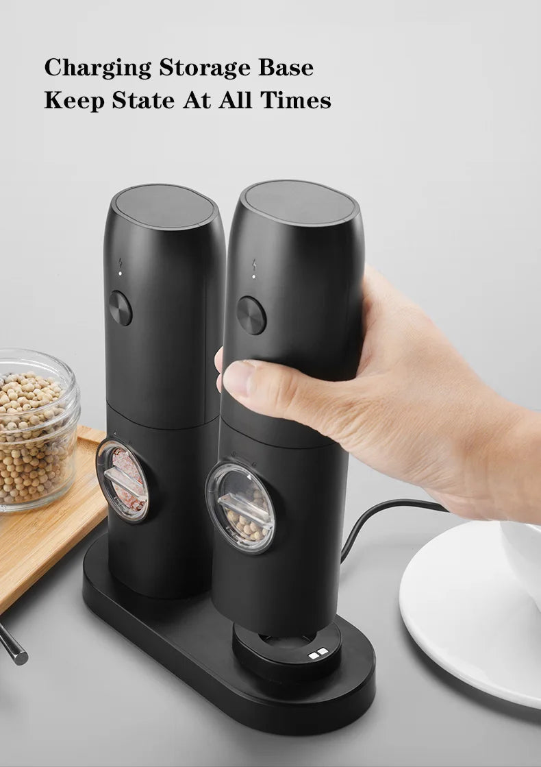 Electric Salt and Pepper Grinder Set with Charging Base and LED Light Adjustable Coarseness Automatic Spice Herb Mill