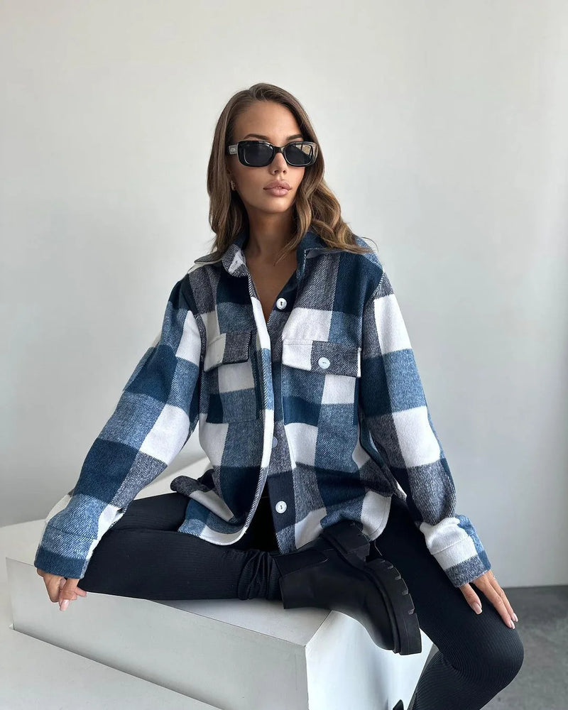 Women’s Flannel Plaid Shirt Jacket – Long Sleeve Lapel Button-Down Shacket for Autumn